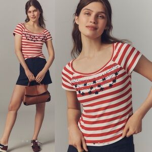 Maeve embroidered flowers scoop neck tee